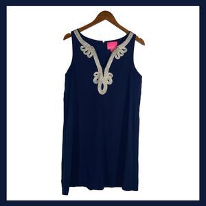 Lilly Pulitzer Navy Blue Shift Dress Size 8 Gold Silver Embroidered Resort Wear